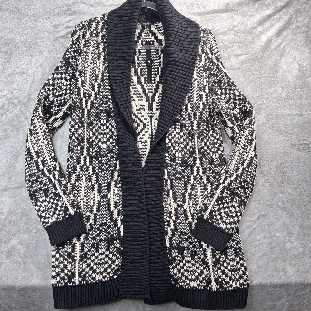 Talbots Womens Small Black White Geometric Shawl Collar Open Cardigan Sweater